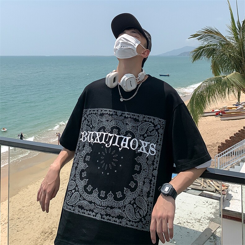 港风民族风字母印花短袖T恤男夏季情侣纯棉体恤衫t138P30限价48,男装T恤,电商A089-1