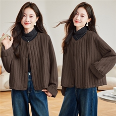 2025年冬季宽松竖条圆领轻薄棉服夹棉开衫短外套上衣，女装棉衣/棉服，简韵佳