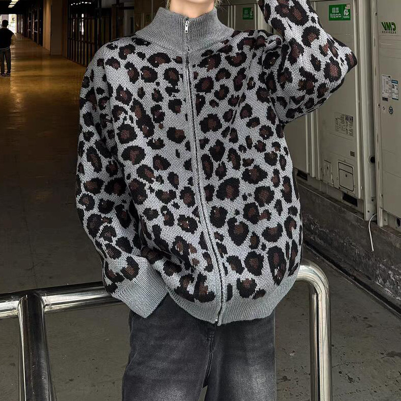 美式复古豹纹针织开衫秋冬季宽松慵懒风设计感上衣外套,男装针织衫/毛衣,星座1018A