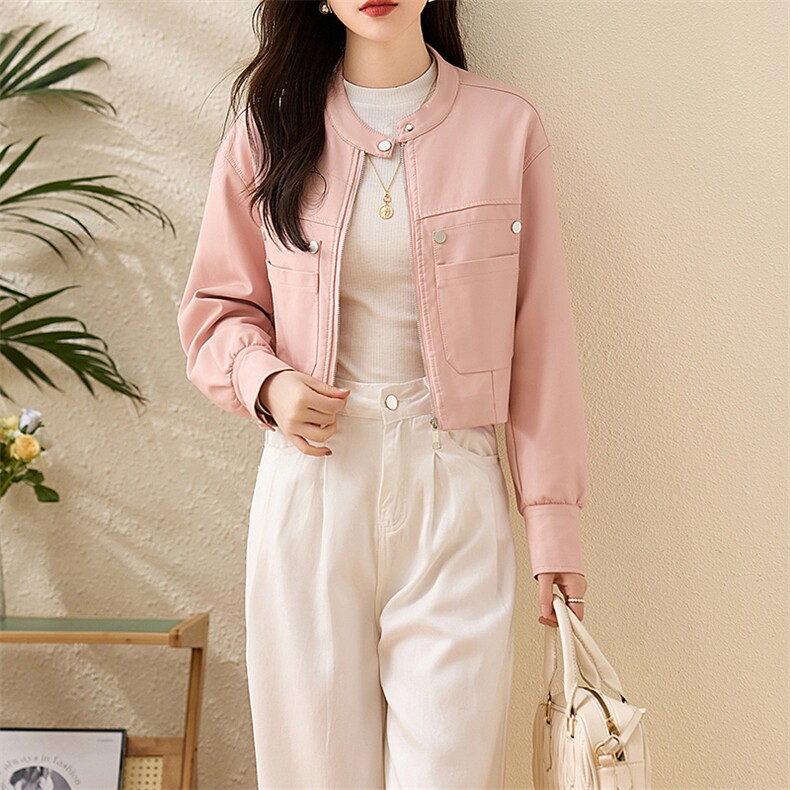 现货复古短款皮衣外套女2024春秋新款PU皮机车服秋季女式皮夹克,女装皮衣,江南女神