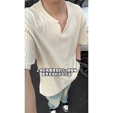 肌理感短袖t恤男款夏季2025新款美式细条纹垂坠感宽松半袖v领体恤，男装T恤，星座809A(原222-1)
