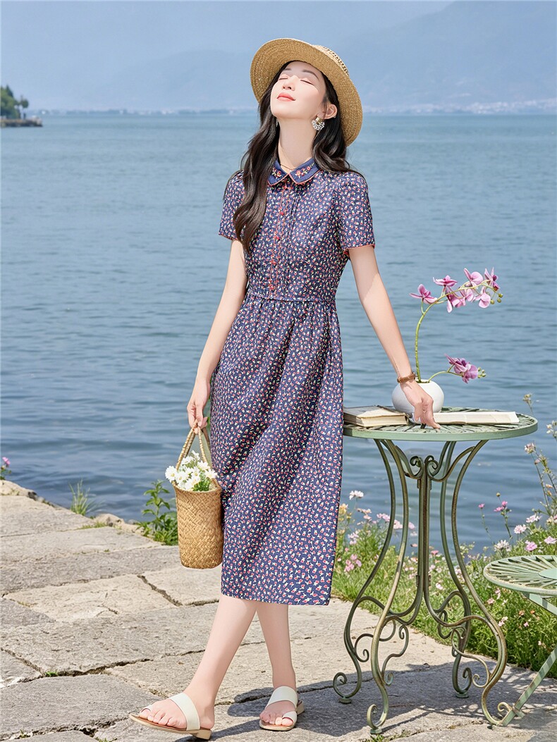 田园风碎花刺绣连衣裙女春夏收腰显瘦中长裙（细节图颜色为准）,女装连衣裙,水衣源
