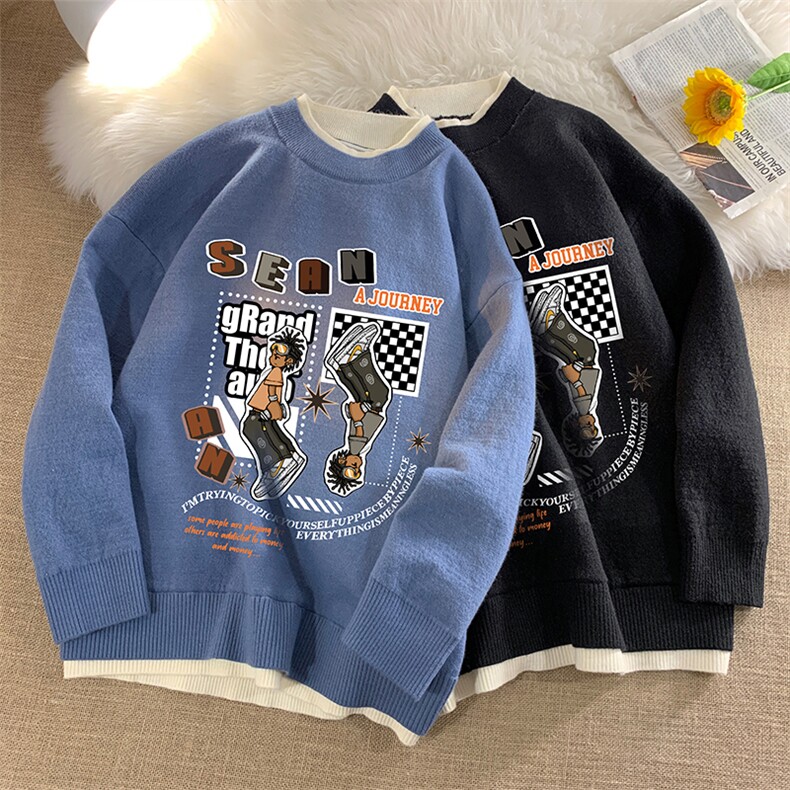 控78假两件毛衣男大码加绒针织衫男毛线衣M80282-P55加绒P70,男装针织衫/毛衣,电商A040