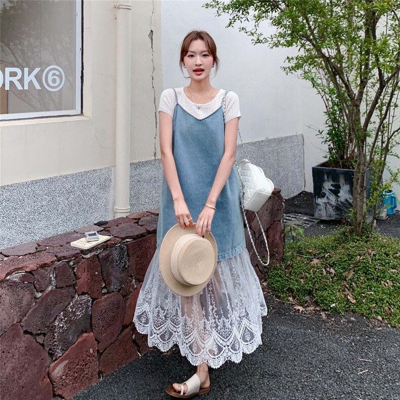 蕾丝网纱拼接牛仔吊带连衣裙套装女2025夏季新款设计感T恤两件套,女装连衣裙,浙宝069