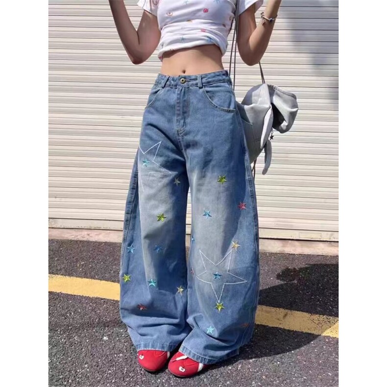 美式水洗设计感星星刺绣牛仔裤男女潮牌宽松bf慵懒风拖地弯刀裤潮，男装牛仔裤，星座506A