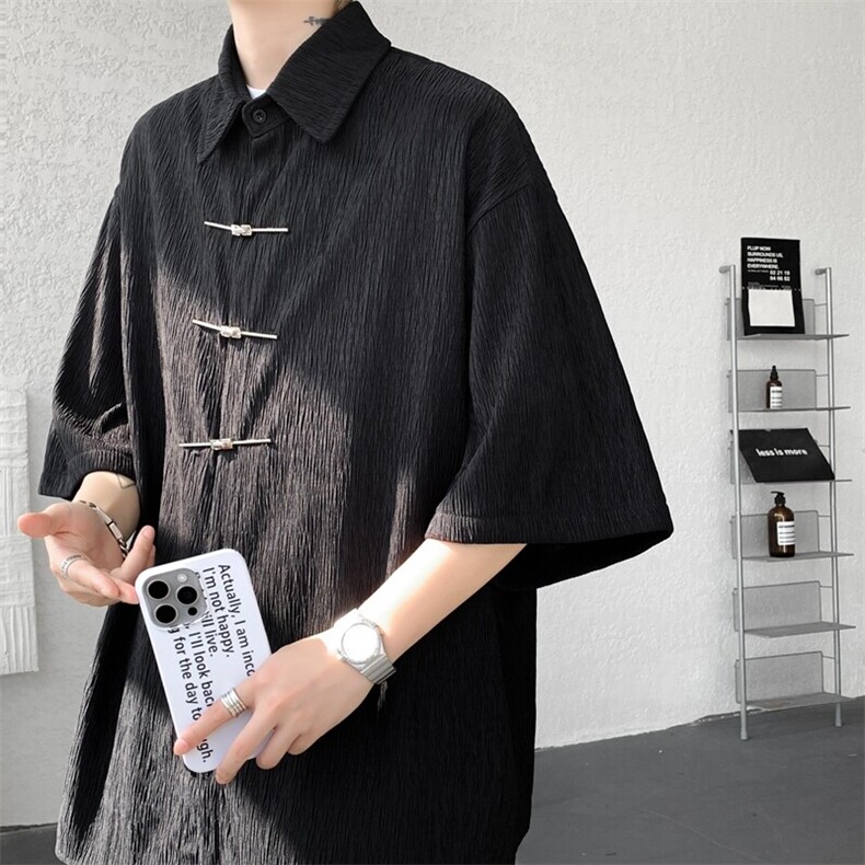 手缝飞机扣新中式冰丝短袖衬衫大码高级感唐装衬衣外套DC5009/P50,男装衬衫,电商B238