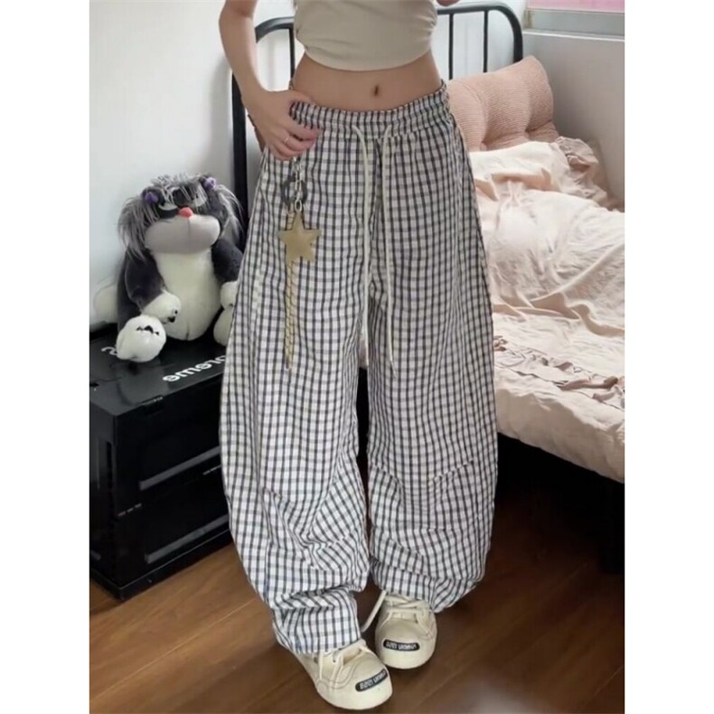 AK2292-P52夏季新款格子直筒裤宽松垂感慵懒休闲阔腿裤,女装休闲裤,星座617A-2