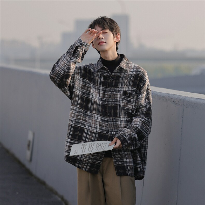 秋冬款cityboy格子衬衫外套男宽松港风日系长袖衬衣DX189P60控78,男装衬衫,电商B413-1