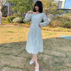 现货2024年春季时尚气质减龄修身显瘦长袖印花连衣裙，女装连衣裙，煊芮熙