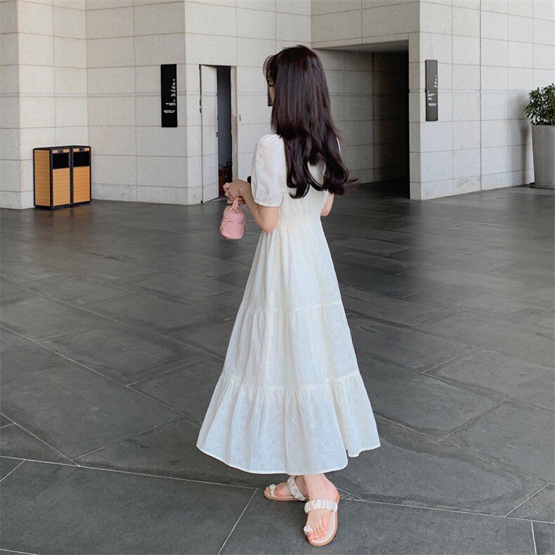 泡泡袖V领连衣裙女2025夏季新款收腰显瘦气质法式桔梗初恋长裙,女装连衣裙,天丽