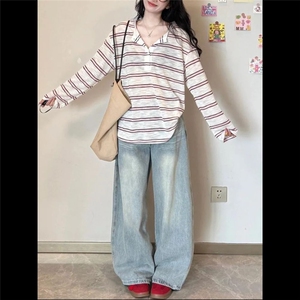美式复古宽松做旧水洗刺绣牛仔裤女秋季新款小众休闲直筒弯刀裤潮图片