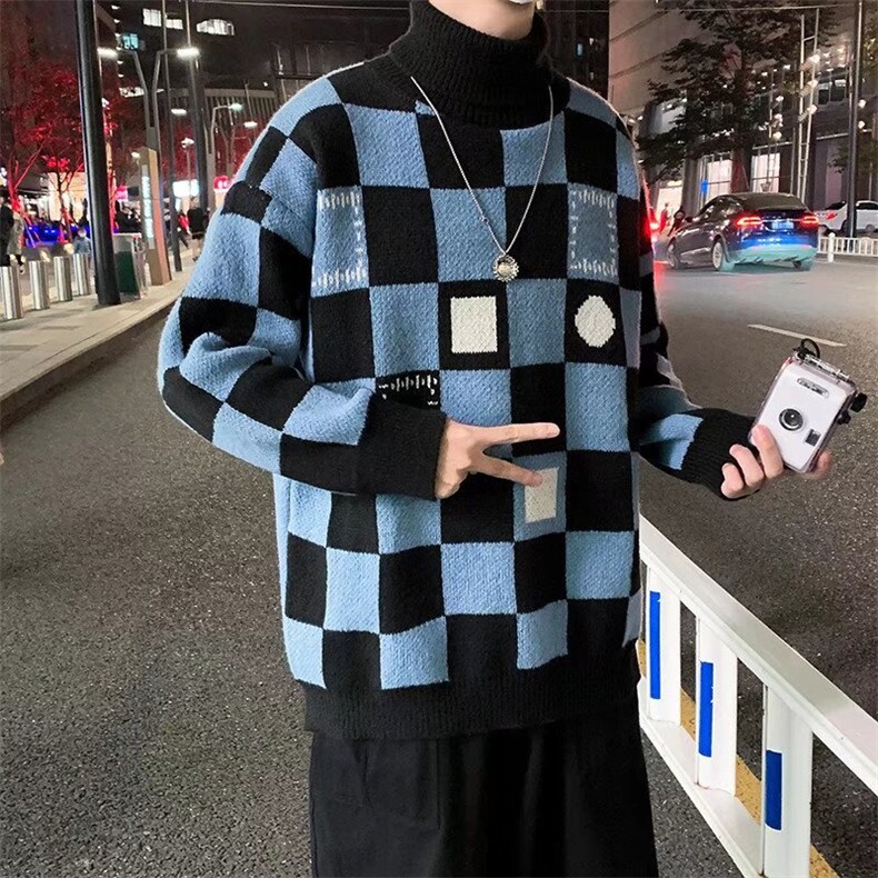 棋盘格子高领毛衣男春秋季M125P42,男装针织衫/毛衣,星座1116-2