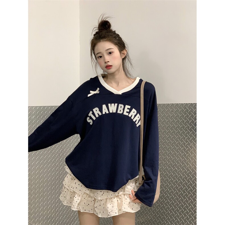 QC026-P55220克酷棉双棉卫衣女春秋潮设计感蝴蝶结V领韩版上衣,女装卫衣/绒衫,星座617A-2