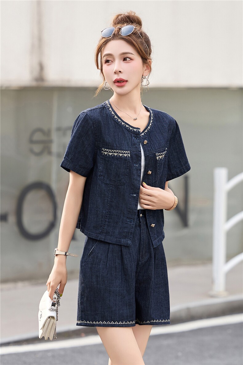 小香风牛仔短裤套装女2025新款夏季薄款小个子时尚洋气时髦两件套,女装套装/套裙,布芭啦