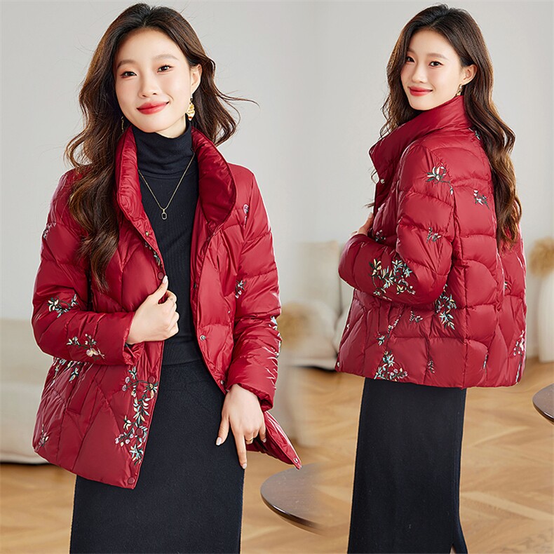 新中式风绣花羽绒服女2024新款冬季红色轻薄中年妈妈白鸭绒外套图片