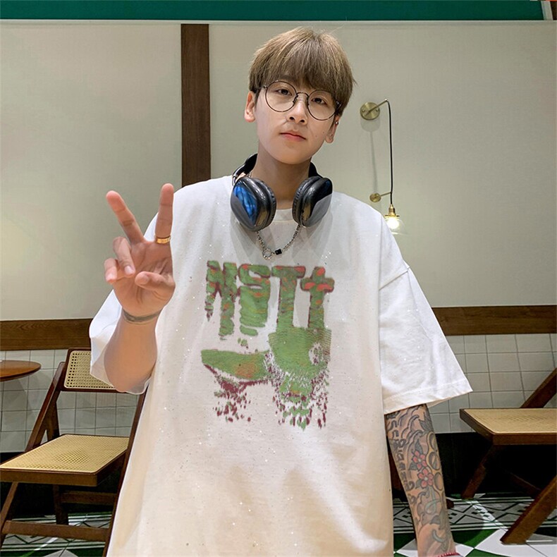 可48小时发货支持抖音得物来样二开 美式满天星亮片短袖T恤MTX659图片