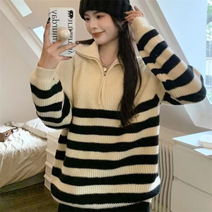 新款慵懒风秋冬保暖条纹半拉链打底衫 时尚百搭显瘦长袖针织衫图片