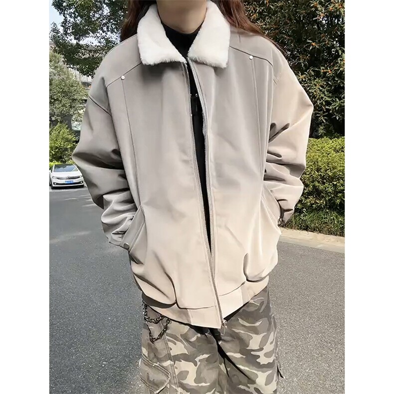 现货重磅硬挺boxy羽绒棉衣座山雕羊羔毛领洗水麂皮棉服冬外套,男装棉衣,电商A486