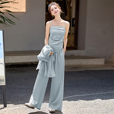 小香风时尚套装女2026新款洋气减龄夏季防晒衬衫吊带阔腿裤三件套，女装套装/套裙，衣之秀