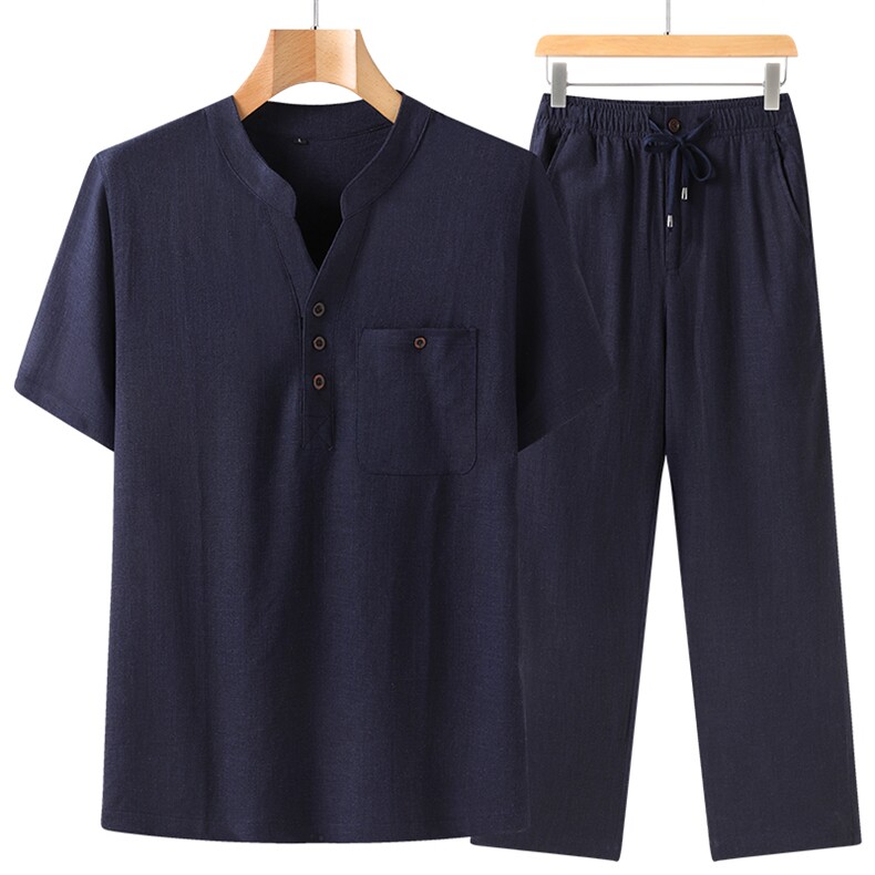 长期货夏男士中老年唐装盘扣亚麻套装风棉麻短袖608912-P115，男装T恤，星座1105-3