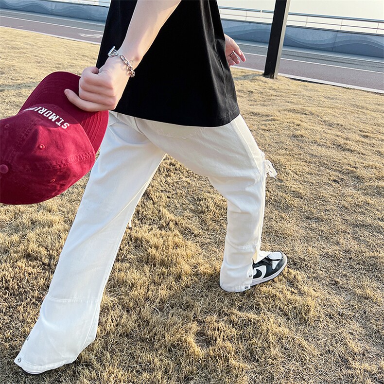 现货高街破洞牛仔裤男白色排扣开叉直筒裤女嘻哈长裤子K00-P50,男装牛仔裤,星座205