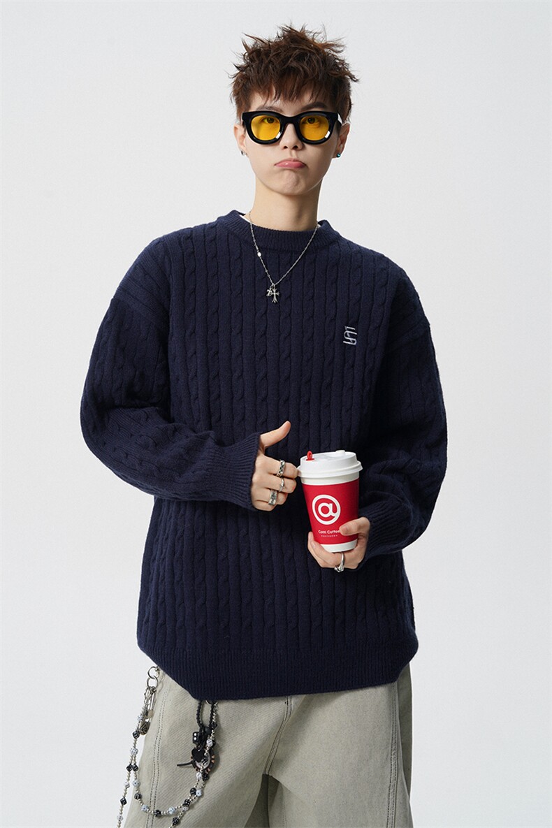 美式绞花刺绣毛衣男圆领麻花毛线衣复古针织衫外套MY1266-P68,男装针织衫/毛衣,电商D206-1