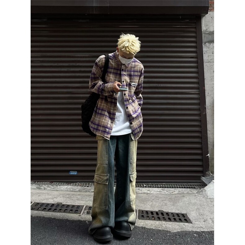 2025美式高街拼色刺绣格子长袖衬衫夹克男女设计感小众宽松潮外套，男装夹克，星座506A