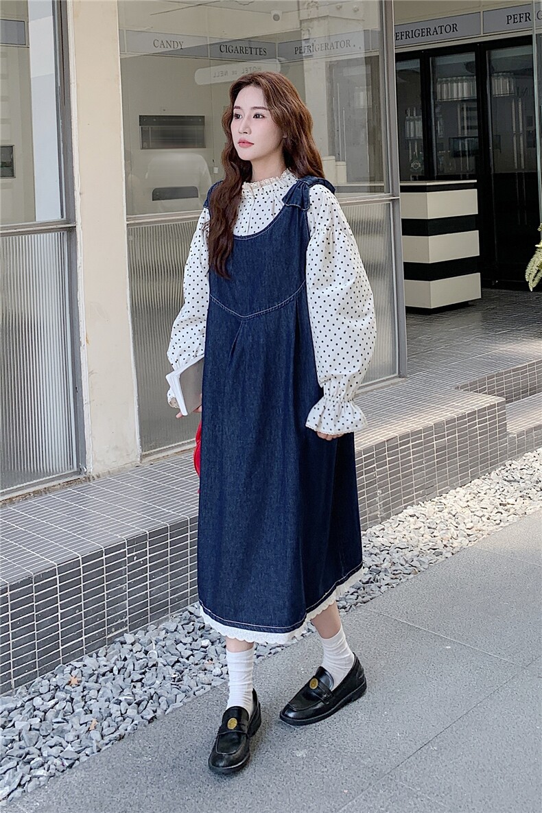 休闲减龄穿搭牛仔背带连衣裙女春秋超火好看高级小众气质长裙套装,女装套装/套裙,2C056