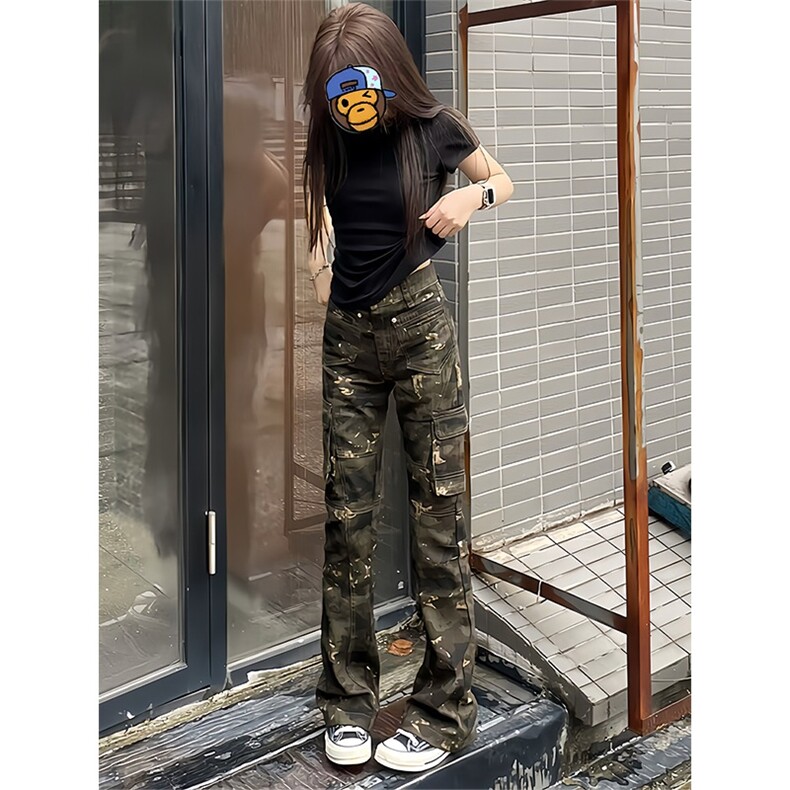 美式高街迷彩工装裤男款微喇裤子修身直筒高腰牛仔裤AM1757P58,男装牛仔裤,星座1013-5