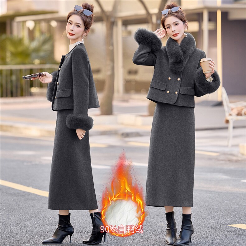 现货2025年冬季90羽绒服套装韩版真狐狸毛袖口领子淑女保暖两件套，女装套装/套裙，韩宇舍