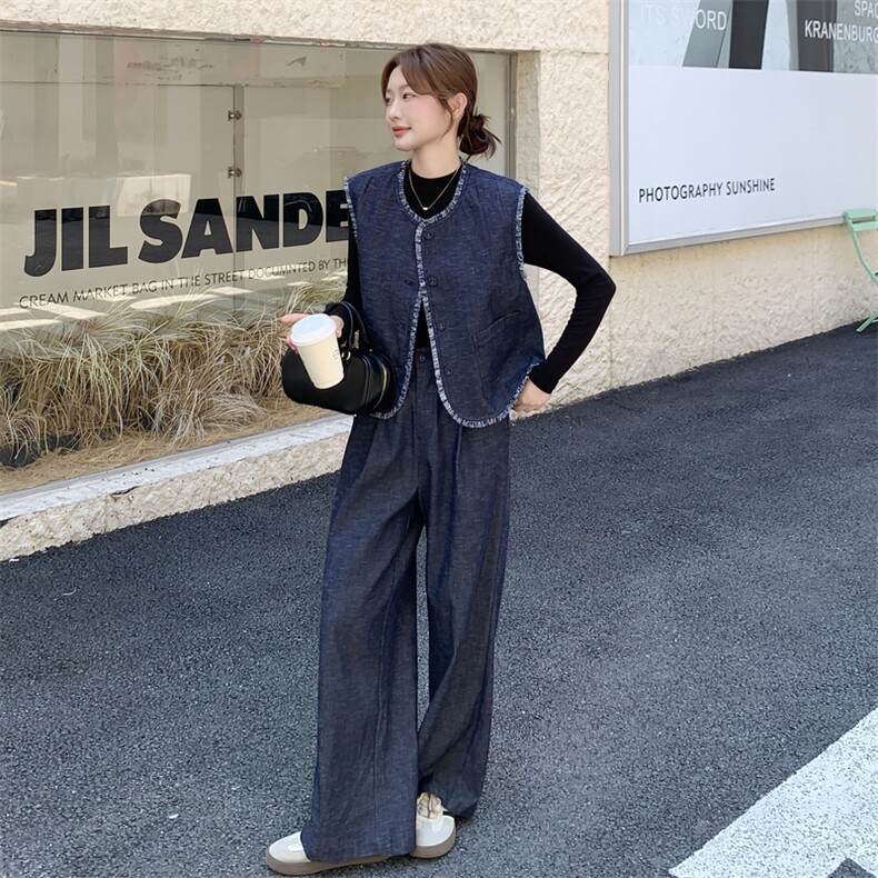 韩系复古牛仔马甲套装女2025秋季新款小个子设计感上衣长裤三件套,女装套装/套裙,2C170