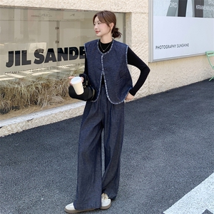 韩系复古牛仔马甲套装女2025秋季新款小个子设计感上衣长裤三件套图片