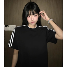 抖音得物高品质二开240克宽松纯棉美式潮牌三条杠织带短袖T恤，男装T恤，电商A486