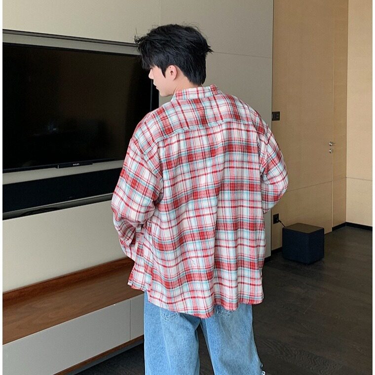 6003-P38春秋日系复古格子长袖衬衫男休闲宽松百搭设计感,男装衬衫,电商B323A