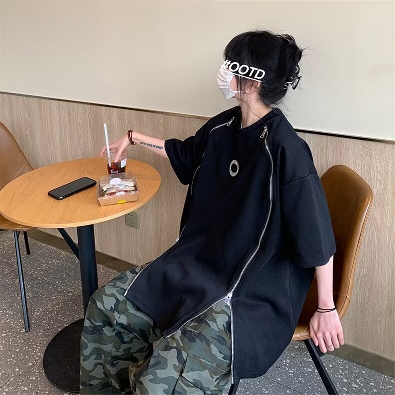 街头潮牌t恤男高街设计感小众拉链高级感短袖小领口金属半袖TX025,男装T恤,星座601-2