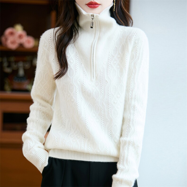 女士七针加厚半拉链2025年秋季，女装羊毛衫，昭美羊绒