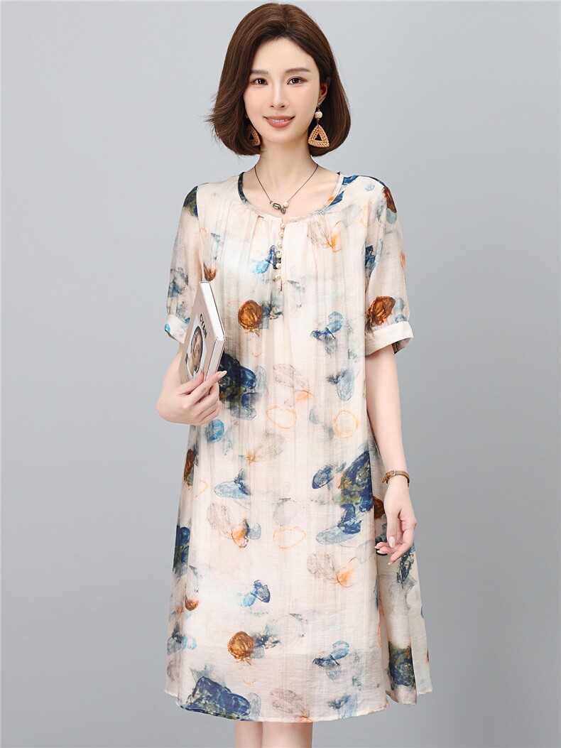 2026时尚中年妈妈休闲直筒莱赛尔天丝麻连衣裙,女装连衣裙,独衣靓