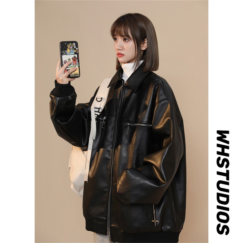 PU皮纯色夹克四芒星金属拉链纯色外套X1213-DY153-P95图片
