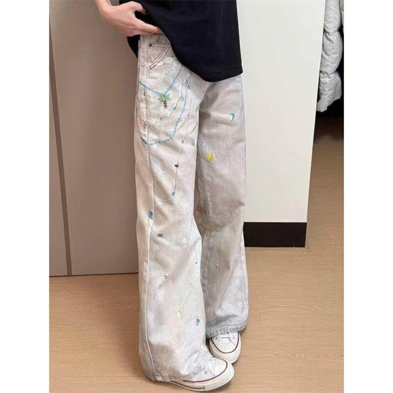 CP1194-P60牛仔裤男女款夏季泼墨设计脏染直筒阔腿裤显瘦百搭，男装牛仔裤，电商B323A