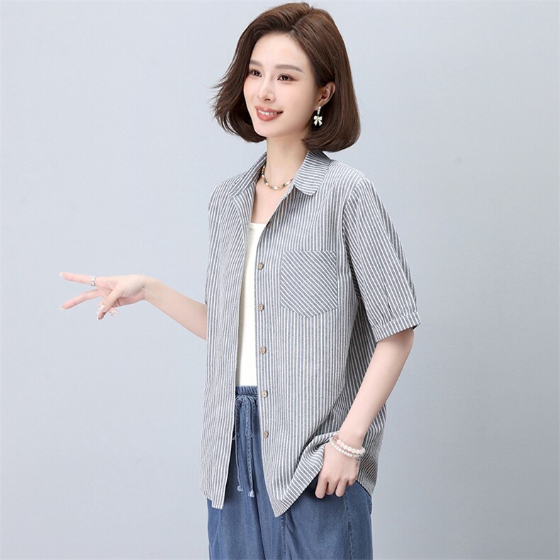 2025夏季简约气质宽松时尚休闲显瘦舒适条纹衬衫,女装衬衫,独衣靓