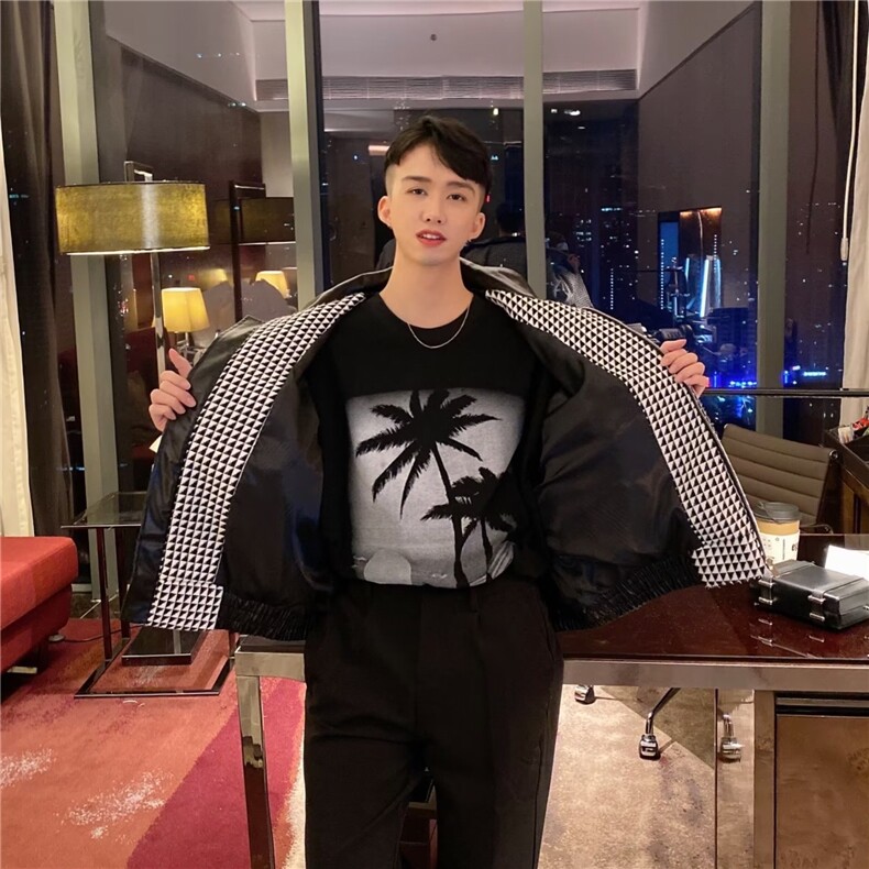 春秋季网红千鸟格短款夹克男士宽松韩版休闲外套高级感百搭上衣,男装夹克,四季星座505