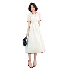 2021夏季新款时尚气质减龄撞色拼接圆领系带收腰显瘦修身连衣裙，女装连衣裙，艾尚靓装