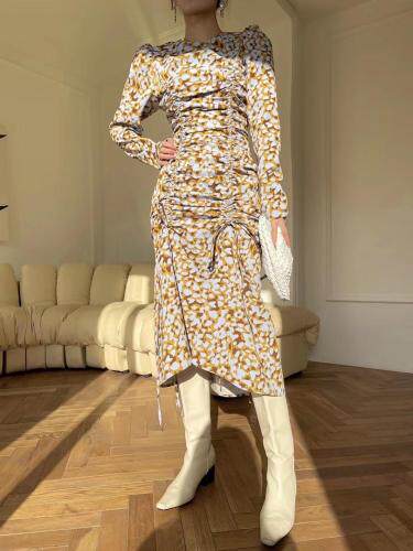 现货圆领褶皱印花长裙，其它，LION&CAT(2F)