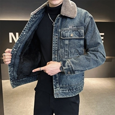 加绒加厚牛仔外套男秋冬季2025新款毛领夹克上衣服A313-6858-P165，男装工装外套，电商A313