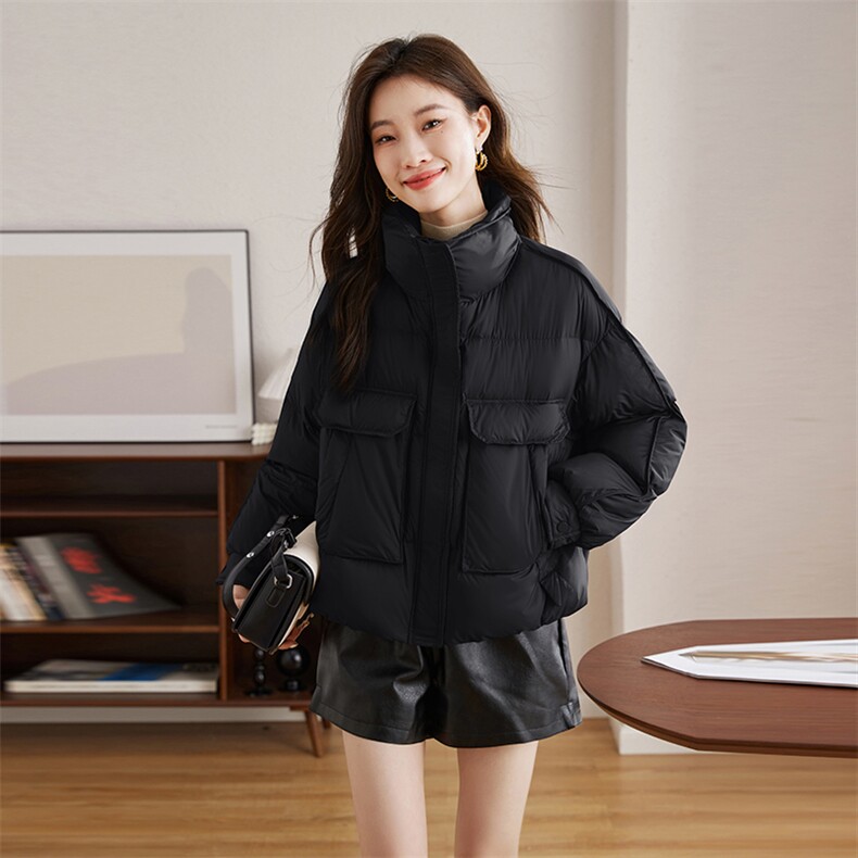 立领短款面包羽绒服女2024冬新款大口袋休闲加厚保暖90白鸭绒外套,女装羽绒服,蝶眷