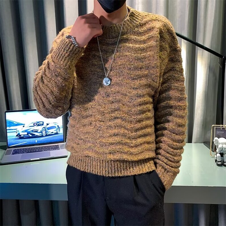 秋冬圆领混色复古时尚三针马海毛衣修身针织衫M3473,男装针织衫/毛衣,星座1116A-2（原606A-1）