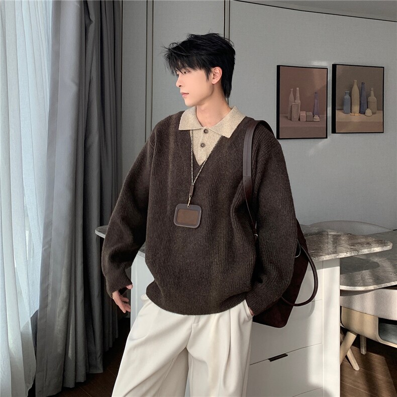 网图假两件翻领毛衣老钱风polo领内搭打底针织衫A025-CM15162-P58,男装T恤,电商A025