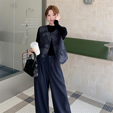 新款复古印花马甲阔腿裤三件套，女装套装/套裙，2D075