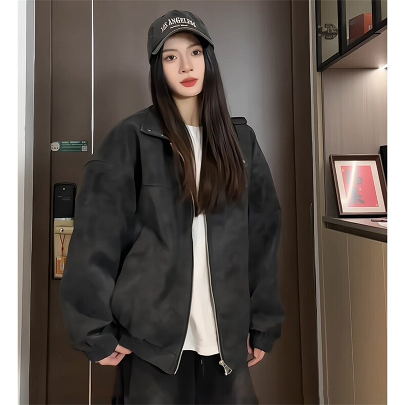 PY5027/特P60秋装立领皮衣夹克男女复古立领扎染宽松情侣外套，女装皮衣，电商A141