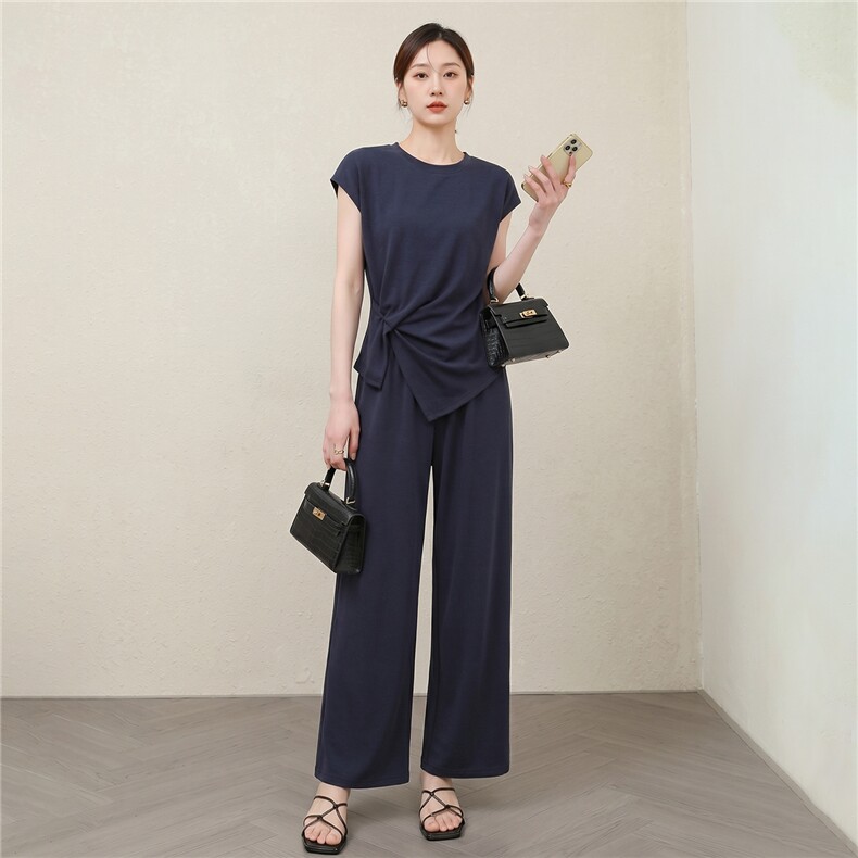 超好看韩版时尚套装女夏新款圆领不规则短袖上衣阔腿长裤两件套,女装套装/套裙,江南